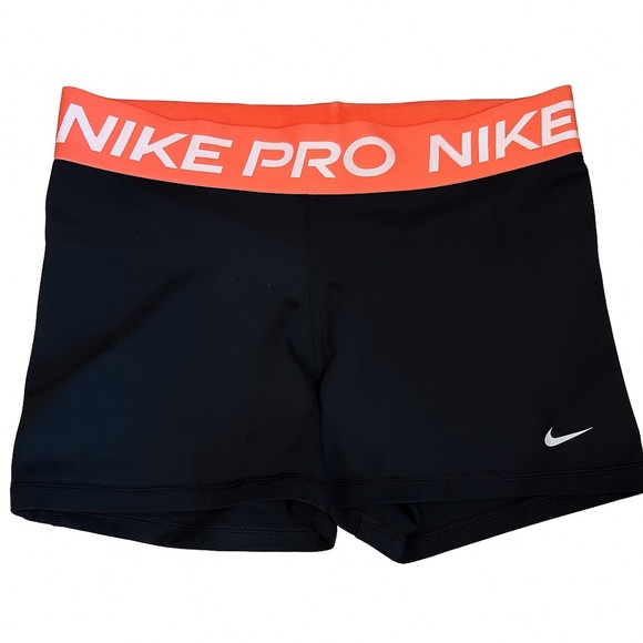 Nike Pro Mid Rise Black Compression Shorts Orange Waistband Women’s Size Large - Picture 1 of 2